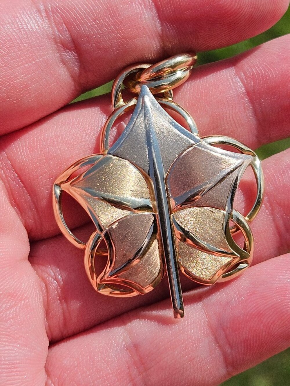 14K Tri-Color 3 Tone Gold Leaf Flower Satin Finish Pendant 1.25x1.5 inches 